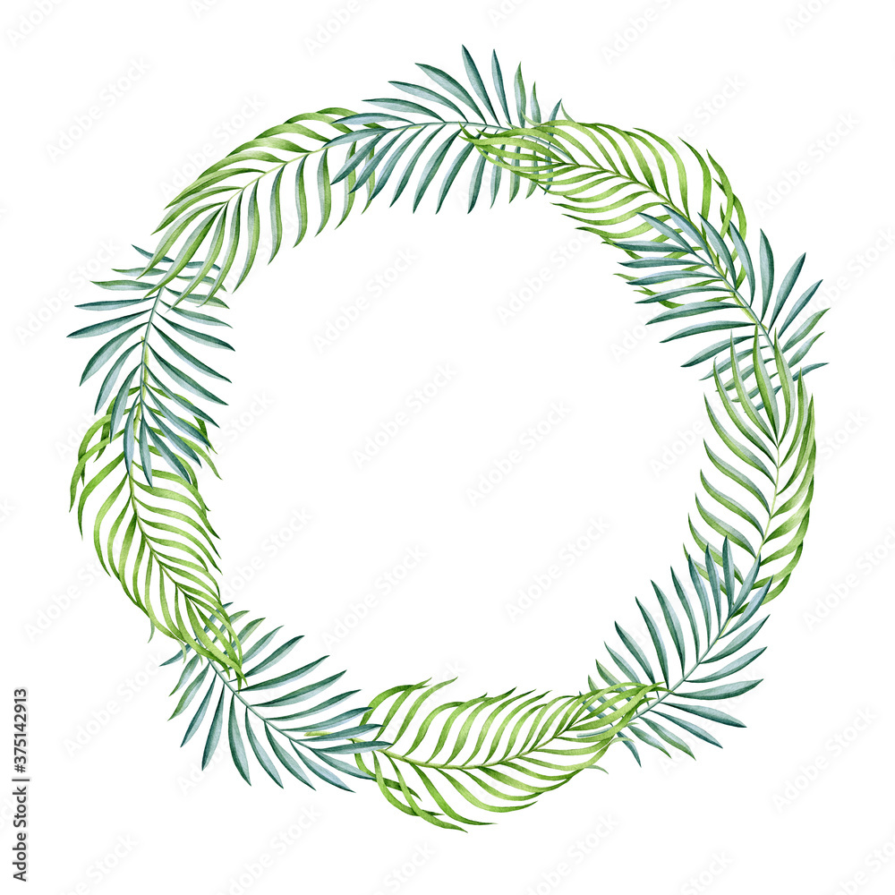Green palm leaf wreath watercolor illustration. Lush natural tropical decoration. Exotic palm leaf frame. Hand drawn jungle foliage round arrangement isolated on white background