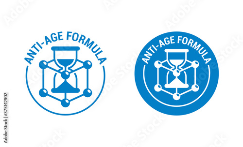 Anti-age formula stamp - emblem for anti-aging cosmetics or cosmetology products - crossed out sand clock - isolated vector sign