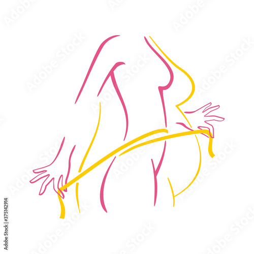 Weight loss concept - dieting program logo (isolated icon) in form of abstract woman silhouette (fat and shapely figure) with measuring tape around 