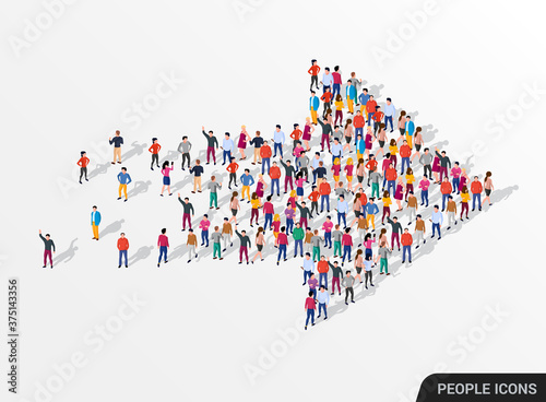 Large group of people in the shape of an arrow, business, and technology.