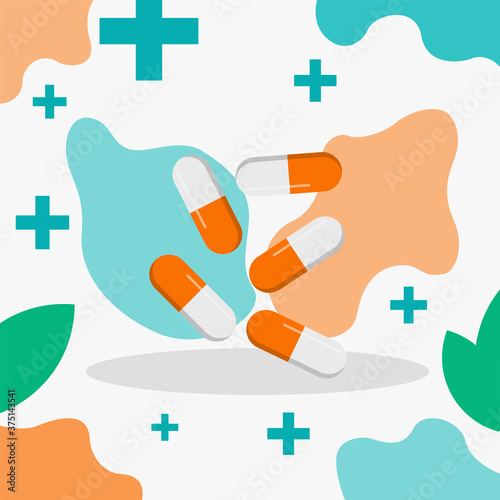 Medical pills, painkillers and tablets for medicine and pharmacy, antibiotic. Flat vitamin drug for drugstore. Eps 10 vector