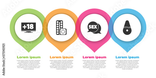 Set Monitor with 18 plus content, Birth control pills and condom, Speech bubble with Sex and Dildo vibrator. Business infographic template. Vector.