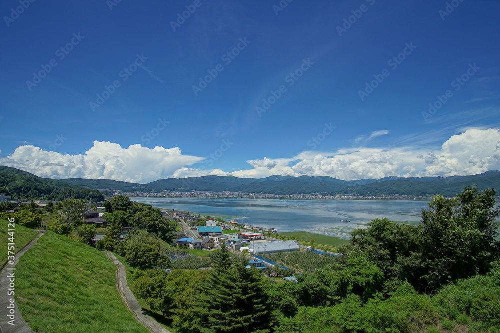Amazing landscape of lake with the city and Perfect blue sky. Panoramic view of beautiful landscape in Japan