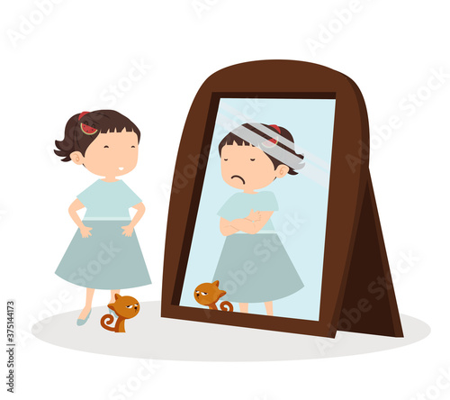 Cute Girl happy looking and cat standing in front of the mirror