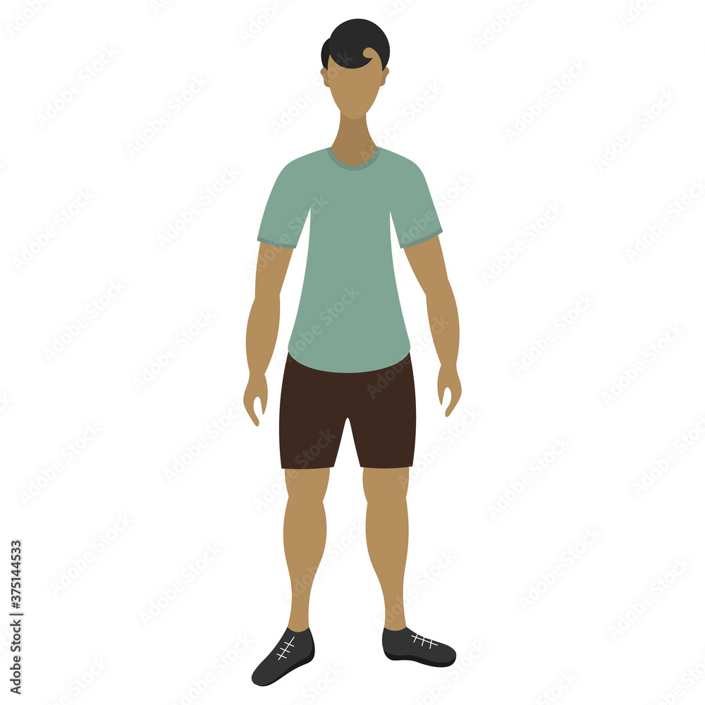 Young Latino man posing. The sportswear model leads a healthy lifestyle. Flat style. Vector illustration. Isolated white background. A man with a stylish haircut. A guy in a T-shirt, shorts. Young Latino man posing. The sportswear model leads a healthy lifestyle. Flat style. Vector illustration. Isolated white background. A man with a stylish haircut. A guy in a T-shirt, shorts.