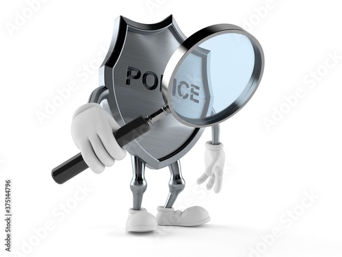 Police badge character holding magnifying glass
