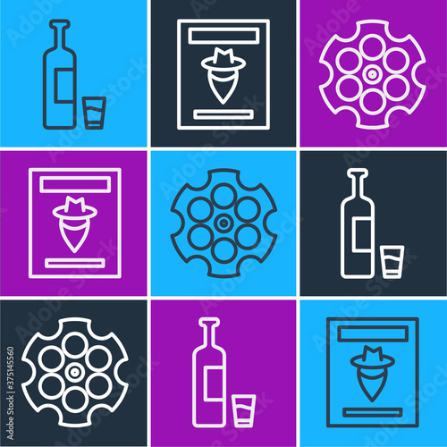 Set line Whiskey bottle and glass, Revolver cylinder and Wanted western poster icon. Vector.