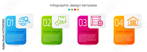 Set line Magnifying glass with globe, Delivery hand with boxes, Delivery pack security with shield and Warehouse. Business infographic template. Vector.