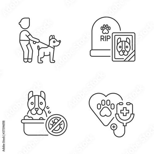Pet treatment services linear icons set. Dog walking, animal washing, vet examination and funeral service customizable thin line contour symbols. Isolated vector outline illustrations. Editable stroke