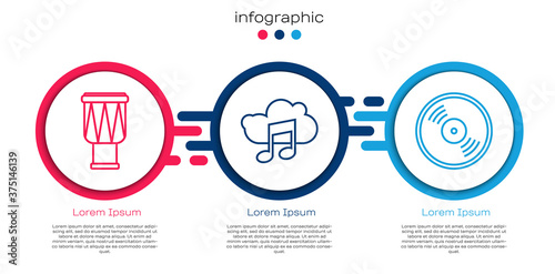 Set line Drum, Music streaming service and Vinyl disk. Business infographic template. Vector.