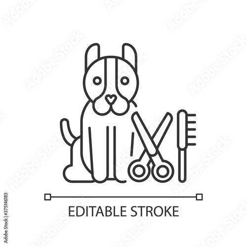 Dog grooming linear icon. Pet hair cutting, animal beauty treatment thin line customizable illustration. Contour symbol. Professional groomer service. Vector isolated outline drawing. Editable stroke