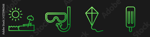 Set line Kite, Beach with umbrella and chair, Diving mask and snorkel and Ice cream. Gradient color icons. Vector.