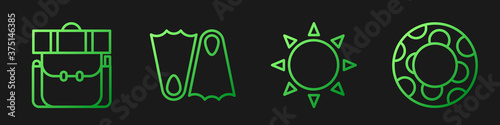 Set line Sun, Hiking backpack, Rubber flippers and Rubber swimming ring. Gradient color icons. Vector.