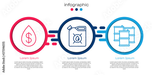 Set line Oil drop with dollar, Canister for motor machine oil and Barrel oil. Business infographic template. Vector.