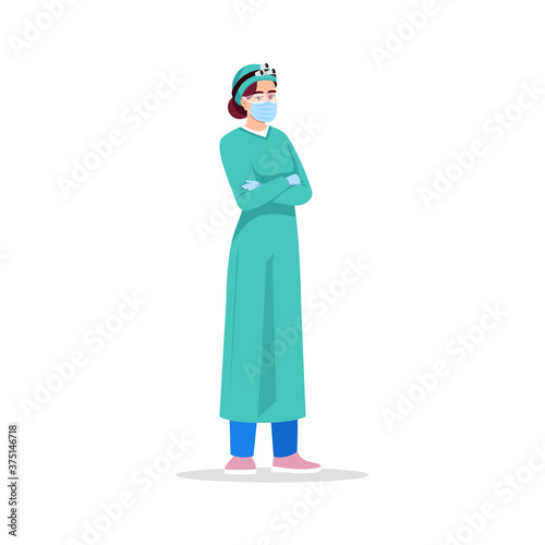 Surgery physician semi flat RGB color vector illustration. Hospital staff. Surgeon professional worker. Young european woman working as surgeon isolated cartoon character on white background