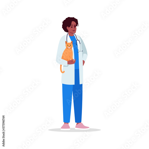 Veterinarian semi flat RGB color vector illustration. Female doctor. Medical staff. Veterinary physician. Young african american veterinary surgeon isolated cartoon character on white background