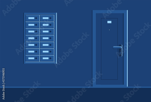 Well-equipped residential building dark corridor semi flat vector illustration. Night time. Empty mailboxes. Ordinary apartment door with number plate 2D cartoon scene for commercial use