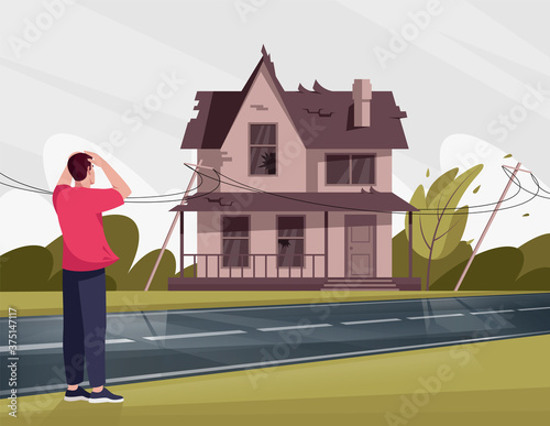 Man shocked by shabby house with broken windows semi flat vector illustration. Unsightly abandoned two-storied building. Strong cold wind. Gray environment 2D cartoon scene for commercial use