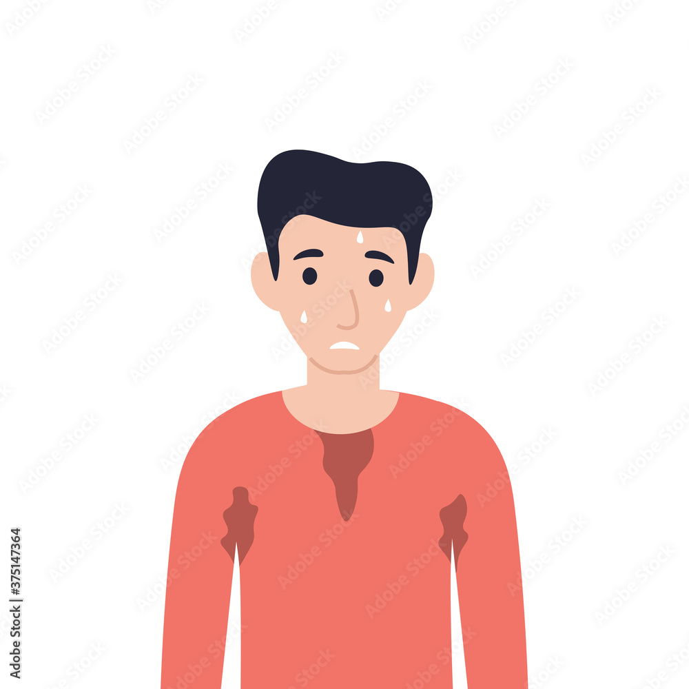 Man bathed in a sweat. Guy sweating a lot. Flat vector cartoon illustration. Man bathed in a sweat. Guy sweating a lot. Flat vector cartoon illustration.