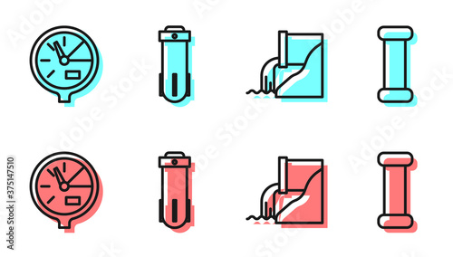 Set line Wastewater, Water meter, Water filter and Industry metallic pipe icon. Vector.