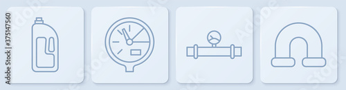 Set line Container with drain cleaner, Industry pipe and manometer, Water meter and Industry metallic pipe. White square button. Vector.