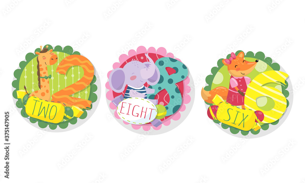 Fototapeta premium Round Badges with Animals and Year Number for Kids Birthday Celebration Vector Set