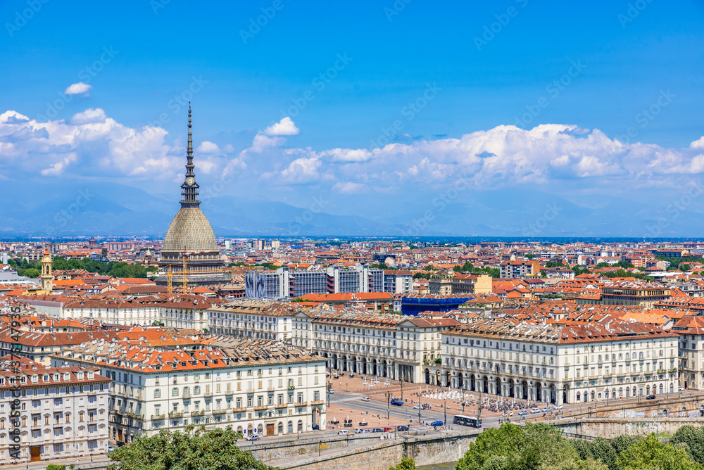 View of Turin city center with landmark of Mole Antonelliana - Turin, Italy, Europe
