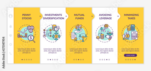 Business investment tips onboarding vector template. Capital management and financial analysis. Responsive mobile website with icons. Webpage walkthrough step screens. RGB color concept