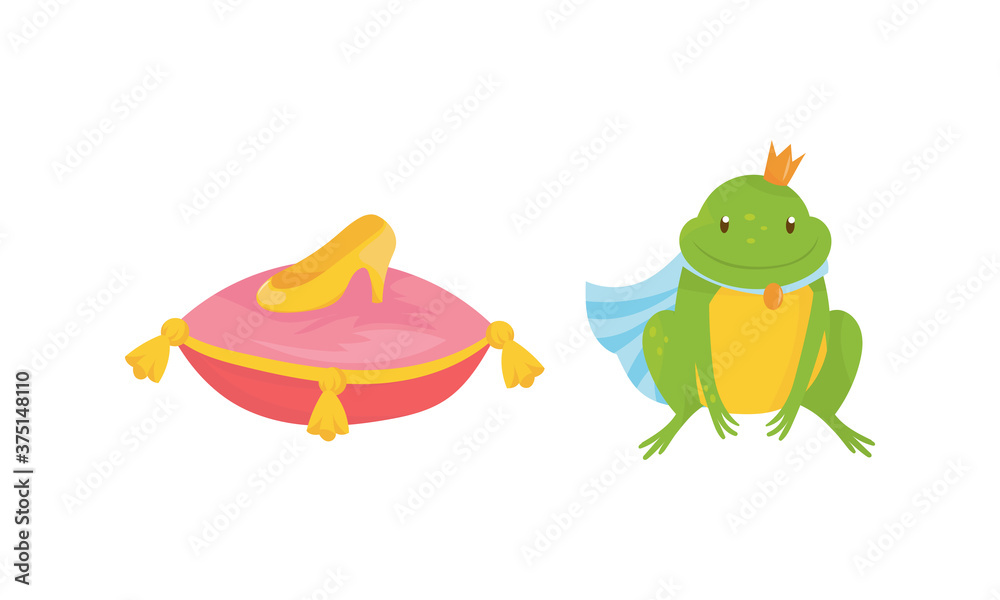 Obraz premium Golden Princess Shoe on Pink Pillow and Frog with Crown Vector Set