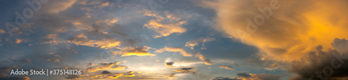 Panorama vivid sky.Panorama of a twilight sunset and colorful clouds - sunlight with dramatic cloud after storm.