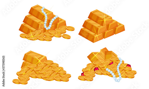 Pile of Golden Coins, Ingots and Jewelry Vector Set