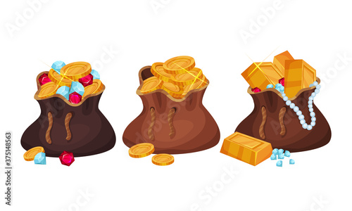 Sacks Full with Golden Coins, Ingots and Gemstones Vector Set