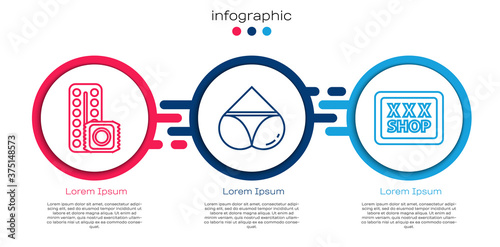 Set line Birth control pills and condom, Woman panties and Sex shop. Business infographic template. Vector.