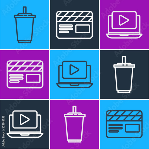 Set line Paper glass with water, Online play video and Movie clapper icon. Vector.