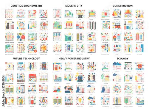 Complex concept flat icons, vector illustration modern design set with future eco technology in genetics biochemistry or heavy power industry, building city construction and ecology tech collection