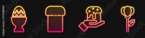 Set line Human hand and easter cake, Easter egg on a stand, Easter cake and Flower tulip. Glowing neon icon. Vector.