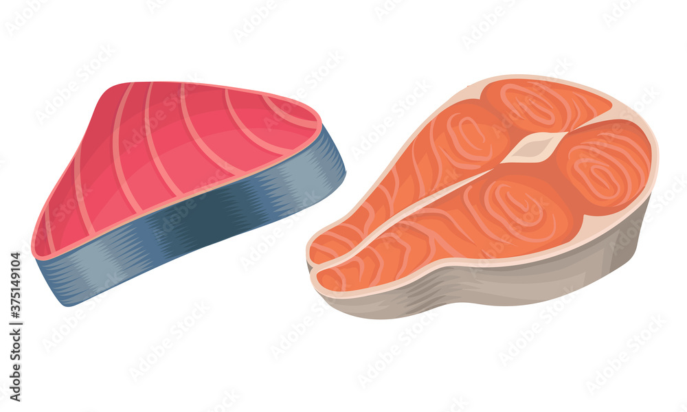 Red Fish Steak and Slab as Seafood and Marine Delicacy Vector Set Red Fish Steak and Slab as Seafood and Marine Delicacy Vector Set