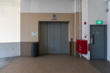 Freight elevators at logistics warehouse.