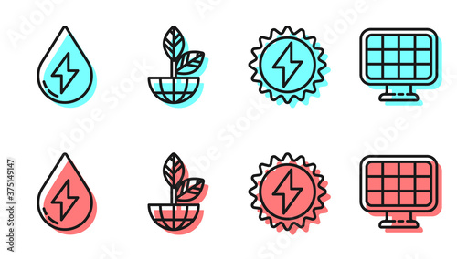 Set line Solar energy panel, Water energy, Earth globe and plant and Solar energy panel icon. Vector.