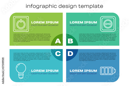 Set line Light bulb with concept of idea, Electric light switch, Battery charge level indicator and Electrical outlet. Business infographic template. Vector.