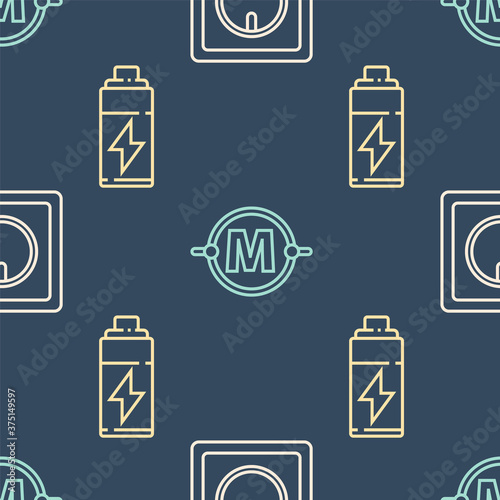 Set line Electric light switch, Battery and Electric circuit scheme on seamless pattern. Vector.