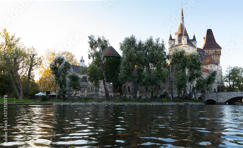 Impressive landscape with Vajdahunyad Castle in Varosliget park of Budapest  Hungary