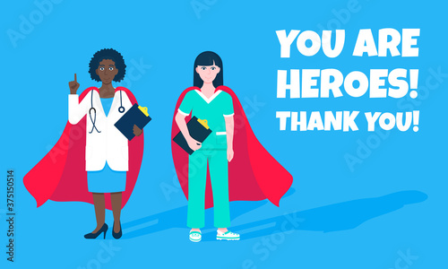 Two doctors with hero cape behind hospital medical employee fight against diseases and viruses on frontline flat style design vector illustration. Doctor physician medical clinic staff new hero.