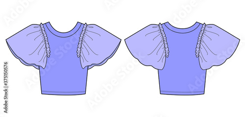Round neck crop top featuring short sleeves with contrast organza fabric. Fashion design flat sketches technical drawings Illustrator vector template.