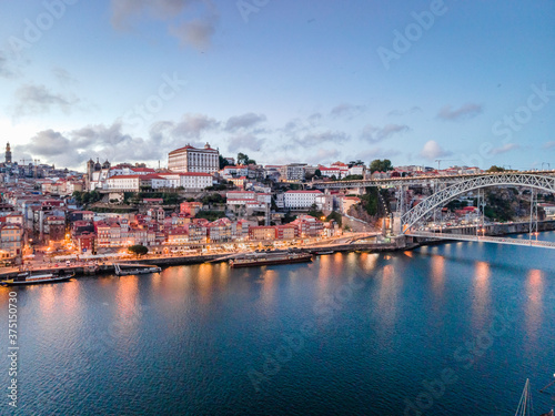 Aerial view of city center of Porto at the evening, Portugal