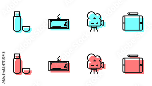 Set line Retro cinema camera, USB flash drive, Keyboard and Graphic tablet icon. Vector.