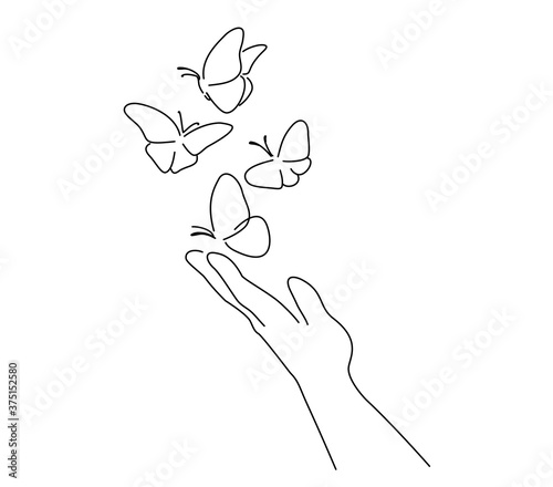 Hand with butterfly on finger. Line art drawing