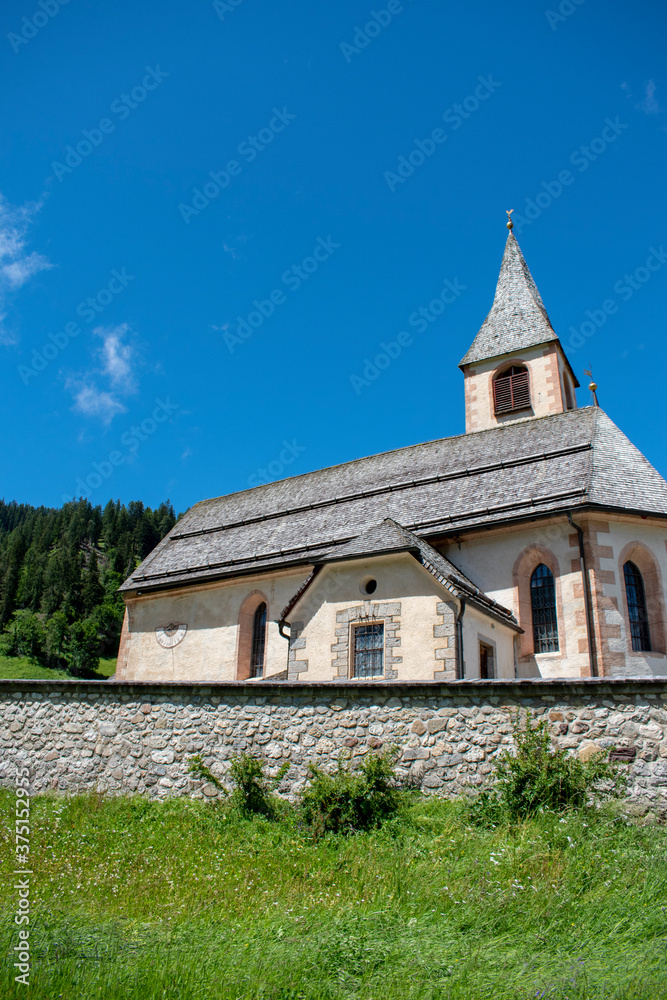 Parish church of San Vito, a small village at the foot of the Dolomites towards Lake Braies. Alps. South Tyrol. Italy
