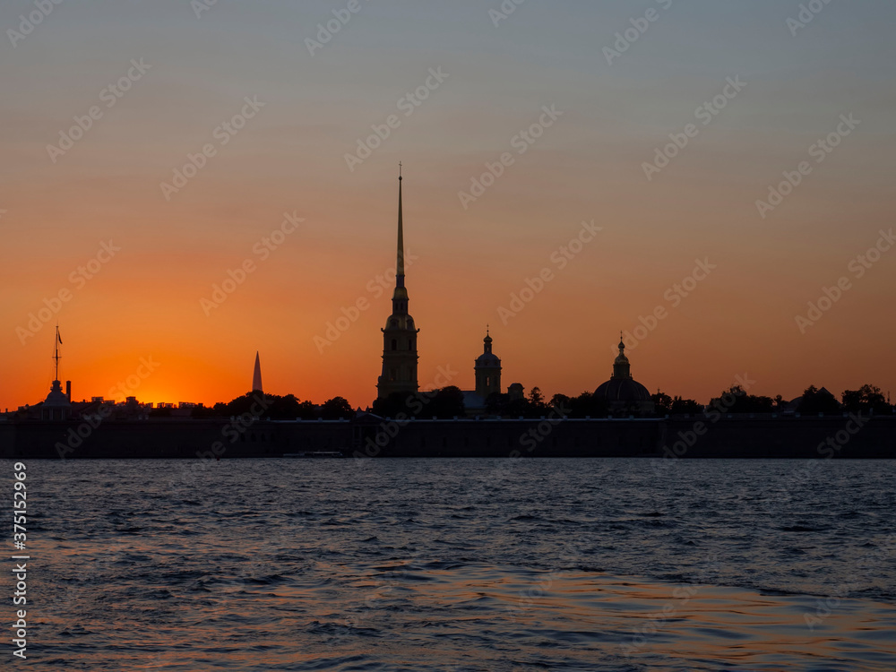 panoramic view from the Neva river to the Peter and Paul fortress at sunset