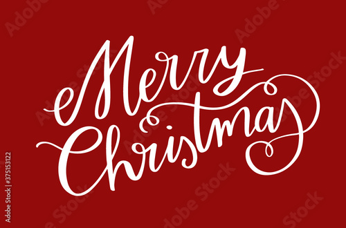 Merry Christmas hand lettering text for winter holiday design, cards, gifts. Calligraphy vector illustration. White and red.